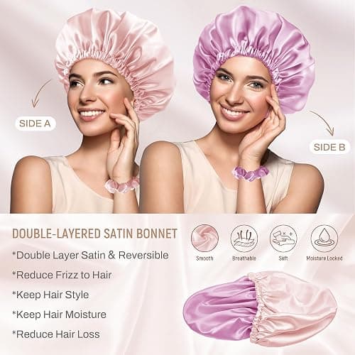 BONNET QUEEN Silk Bonnet for Sleeping Satin Bonnet Double Layer Hair Bonnet Reversible Adjustable Bonnet Sleep Cap for Women Curly Hair(4 Items Gift Pack, Jade + Rose Gold) thumbnail 2