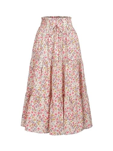 MSLG Women's High Elastic Waist Midi Skirt Casual Summer Trendy Tie Front Flowy Ruffle Floral Print A line Skirts 626 - Image 1