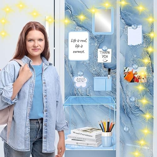 18 Pcs Blue Marble Locker Organizer Kit Includes Magnetic Wallpaper Locker Shelf Magnetic Mirror Pen Holders and Organizing Supplies Locker Decorations Back to School Stuff Gift thumbnail 2