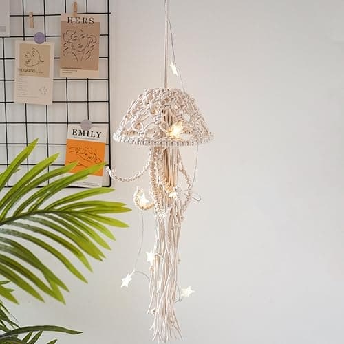 Macrame Wall Hanging,Jellyfish Dream Catcher with Star Lights,Bohemian Woven Wall Art Decor Beautiful Apartment Dorm Room Door Decoration (White) thumbnail 4