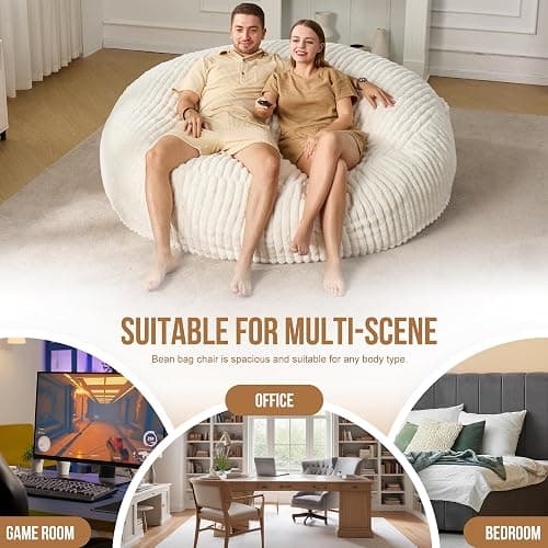 Hobestluk Adult Bean Bag Chair Giant Beanbag with Filling Living Room 6FT | White Giant Big Oversized Bean Bag Chair Memory Foam Filling Machine Washable Fluffy Cover Bedroom Dorm Reading Gaming Kids thumbnail 6