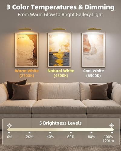 EZVALO Picture Light for Wall, 13in Wireless Rechargeable 4000mAh LED Art Light with Remote, Dimmable 3 Color Temps, Battery Operated Wall Light for Living Room, Bedroom, Gallery (Gold, 2 Pack Set) thumbnail 2