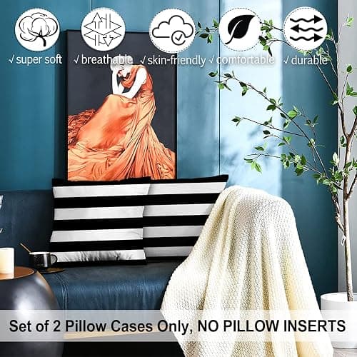 FCOZM Set of 2 Pillow Cases, Soft Velvet Black and White Stripe Pattern Pillowcase Decorative Pillow Covers for Couch, Square Throw Pillow Covers for Home Decor Gift 18 Inch X 18 Inch (Black White) - Black White thumbnail 4