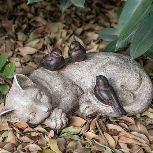 LC LCdecohome Sleeping Cat Garden Statues Outdoor - 12" Sparrows On Cat Figurine Memorial Statue Grave Markers Garden Resin Statues for Outdoor Decor Outdoor Statue Resin 12" x 8" x 4.5" thumbnail 2