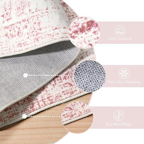 5x7 Washable Pink Area Rug, Upgraded Denser Surface Vintage Rugs, Honeycomb Non-Slip Backing Living Room Rug, Easy Care Foldable Rugs for Living Room Bedroom Kitchen Dinning Room Home Office thumbnail 6