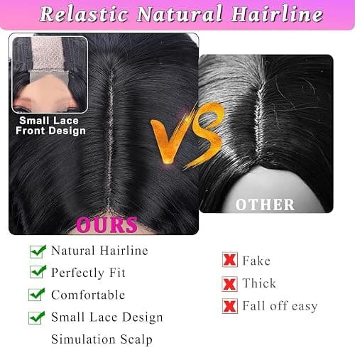 Mairead 28 Inch Long Curly Synthetic Lace Front Wigs for Black Women Loose Deep Wave Black Synthetic Wig Middle Part 4" Simulated Scalp Small Lace Front Wigs Natural Looking Crimps Curls Wig thumbnail 5