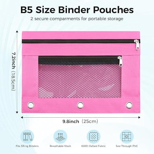 Pencil Pouch for 3 Ring Binder - 3 Hole Zipper Pen Case Bag Holder Bulk Accessories Clear Window Aesthetic Organizer Pockets (Hot Pink) thumbnail 2