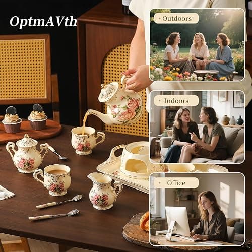 OptmAVth Ceramic Tea Set, 4 Cups and Spoons, One Sugar Bowl, One Milk Kettle, One Storage and Removeable Tray, for Home Party or Wedding Service, Pink Rose thumbnail 7