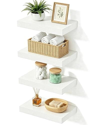 Mifurn Floating Shelves for Wall, Set of 4 Wooden Wall Mounted Shelves for Bathroom Over Toilet, Bedroom, Kitchen, Living Room & Office, Modern Hanging Storage and Wall Decor, White, 12"x7"x1.5" - Image 1