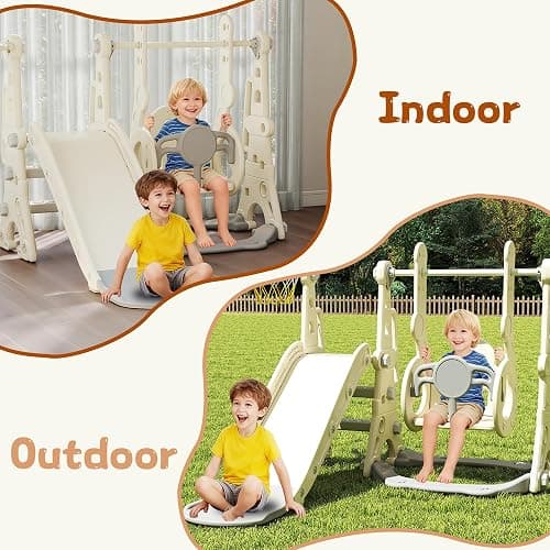 4 in 1 Toddler Slide and Swing Set, Baby Kids Slide for Age 1-3, Outdoor Indoor Playset with Basketball Hoop, Adjustable-Height Swing thumbnail 8