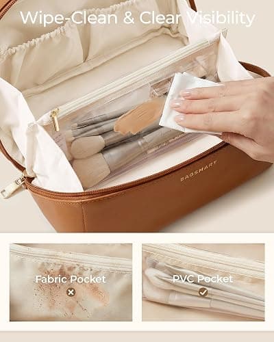 BAGSMART Makeup Bag Travel Cosmetic Bag,Women Toiletry Case, Brushes, Black | Make Up Bag Flat Open Toiletry Bag for Women, PU Leather Travel Essentials Wide-open Skincare,Brushes Organizer Case Large thumbnail 4