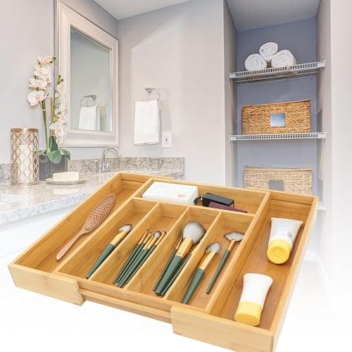 VaeFae Bamboo Drawer Organizer, Expandable Silverware Drawer Organizer, Cutlery Tray with Dividers for Kitchen Utensils, Medium thumbnail 7