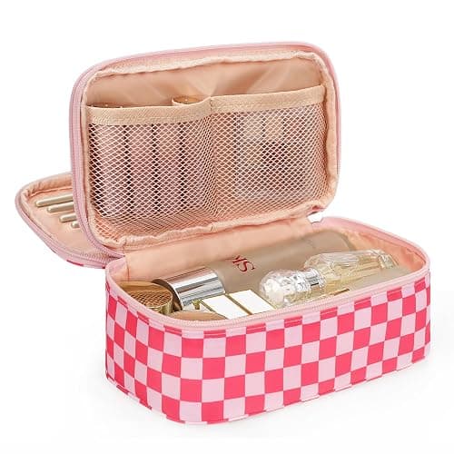 Relavel Makeup Bag, Cute Travel Cosmetic Bag, Small Pink Make Up Bags, Portable Toiletry Storage for Women Girl, Waterproof Makeup Organizer for Gym, Camping, Trip, Daily Use - Rose Red - Image 1