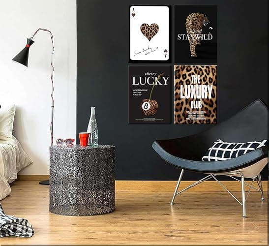KBIERQN 4pcs Trendy Leopard Prints Canvas Wall Art Lucky 8 Ball Poster Preppy Room Stay Wild Cheetah Pictures Luxury Club Poster for Girls Bedroom Apartment Dorm Wall Decor 12x16In Framed thumbnail 6