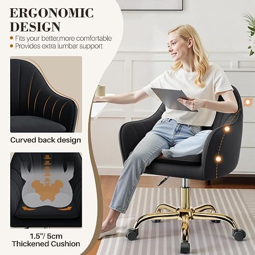 BestEra Vanity Chair with Wheels, Comfy Home Office Desk Chairs Adjustable Modern Velvet Makeup Vanity Chairs for Bedroom Living Room-Black thumbnail 6