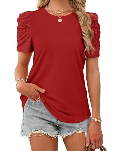 WIHOLL Summer Tops for Women Puff Sleeve Crewneck T Shirts Dressy Casual Blouses Spring Outfits Fashion Clothes thumbnail 3