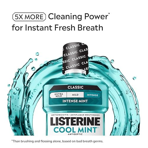 Listerine Mouthwash Cool Mint Antiseptic Treatment for Adults Kills 99.9% of Germs that Cause Bad Breath Plaque Gingivitis in a Daily Intense Mint Mouthwash, 2 Pack of 33.8 fl oz/1 L thumbnail 3