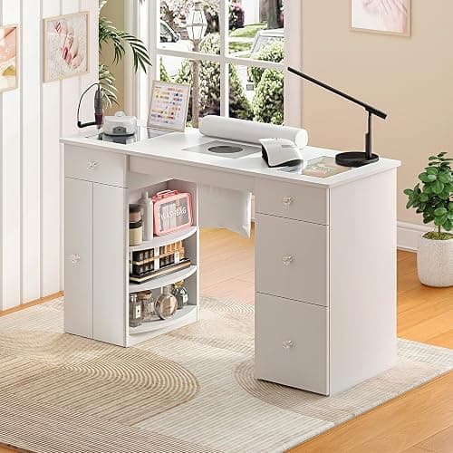 Manicure Table for Nail Tech with Glass Top, Visible Drawers & Trash Bag Holder, Acetone-Resistant Manicure Nail Desk, Beauty Salon Workstation with Wrist Rest & Electric Dust Collector (White) thumbnail 8