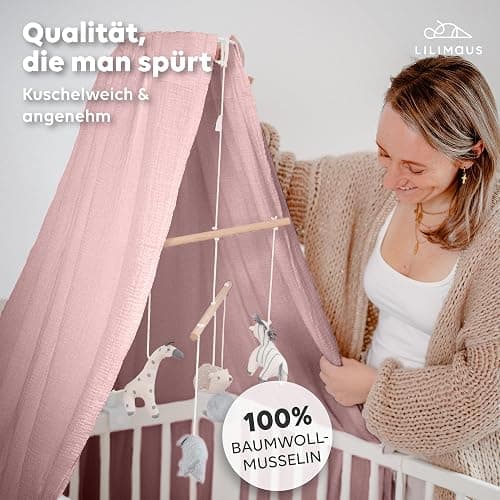 lilimaus Betthimmel Babybett [in 12 Farben] Himmel Babybett aus 100% Baumwolle Musselin - Betthimmel Mädchen & Jungen - Himmelbett Vorhänge als Kinderzimmer & Babyzimmer Deko - Baby Bett Vorhang - Puderrosa - ohne Himmelstange thumbnail 2