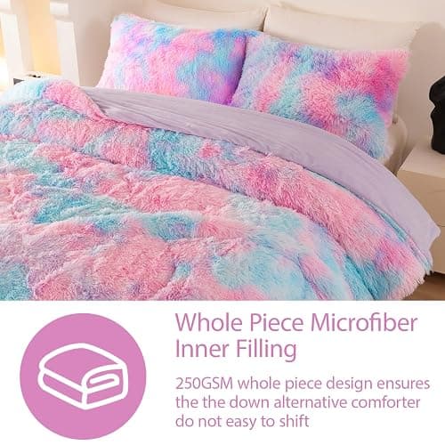 BYHOFMLY Pink Purple Fluffy Bedding Set Twin Size 3 Pieces Faux Fur Furry Comforter Set for Girls Tie Dye Rainbow Warm Fuzzy Kids Bed Comforter (Pink Purple, Twin) thumbnail 6