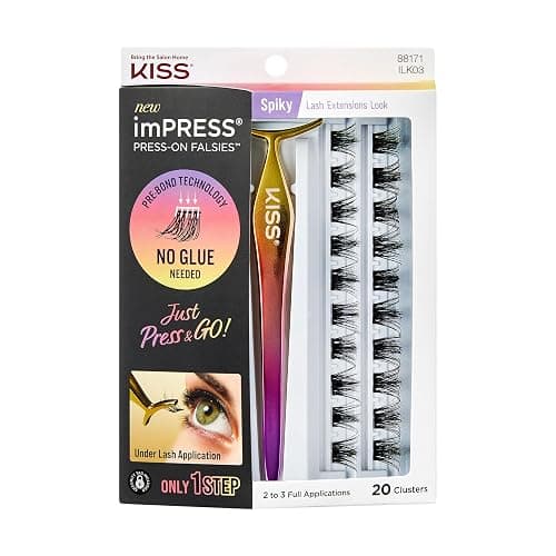 KISS imPRESS Falsies Press On Self Adhesive Eyelashes, 12mm-14mm Glam Volume Press On Lashes, Black, No Glue Needed, Invisible Band, 20 Lash Clusters & Non-Stick Applicator - Spiky - Image 1