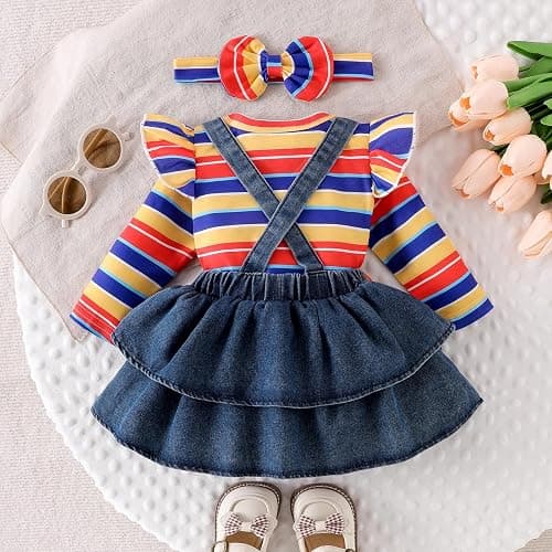 FOCUTEBB Baby Girl Clothes Fall Winter Outfit Long Sleeve Ruffle Romper Plaid Skirt Bow Headband 3 Pcs Set 0-18 Months thumbnail 3
