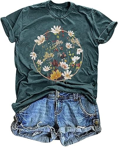 Women's Vintage Floral T Shirt Boho Wildflower Graphic Loose Tees Short Sleeve Casual Tops - Image 1