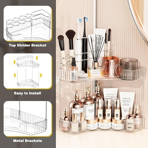 Asayuee 2-Tier Corner Bathroom Counter Organizer with Top Toothbrush Holders,Large Makeup Organizer Countertop with Brush Holder,Skincare Organizers Corner,Exquisite Vanity Organizer(Clear, 2 Tier) - 2 Tier - Clear thumbnail 6