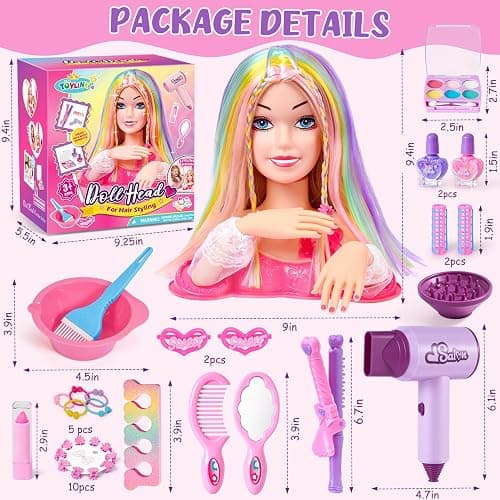 Toylink Doll Head for Hair Styling Kids Makeup Kit, 34Pcs Hair Salon Pretend Play Toys with Hairdryer Straightener Makeup Princess Accessories, Birthday Gifts for Girls 3 4 5 6 7 8 thumbnail 3