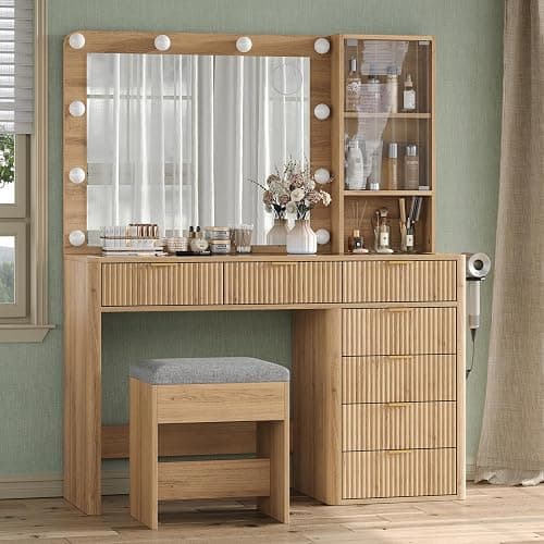 7 Drawers Vanity Desk, Makeup Vanity with Power Oultlet, Fluted Vanity with 10 LED Lights and Mirror, 3 Lighting Modes Adjustable, Glass Top, Vanity with Chair for Bedroom, Natural - Natural - 7 Drawers thumbnail 4