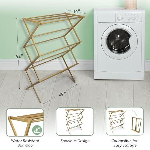 BROOKSTONE, Eco-Friendly Bamboo Drying Rack, Collapsible Laundry Clothes Hanger, 10 Hanging Bars, Minimalist Space Saving Design thumbnail 2