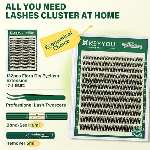 KEYYOU Flora Lash Clusters Kit Flaunt D Curl Natural Lashes 132pcs Lash Extension Kit 8-18mix Lash Clusters Fluffy Lashes with Ultra-Thin Soft Band with Remover Waterproof Bond and Seal(F01 Kit) thumbnail 3
