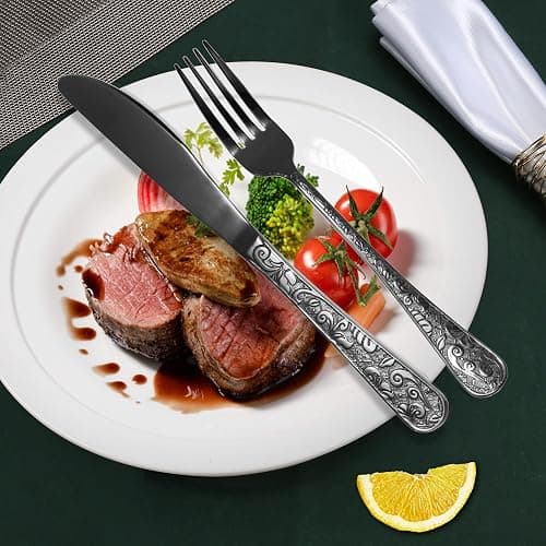 Meythway 40-Piece Vintage Carved Black Silverware Set for 8, Stainless Steel Flatware Set with Knife/Fork/Spoon, Cutlery Set for Home and Kitchen, Utensil Set with Dishwasher Safe thumbnail 7