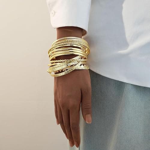 FAXHION Gold Bangle Bracelets for Women, 14 Pcs Multi Layer Stackable Bangle Set, 14K Gold Plated Textured Chunky Bracelets Boho Jewelrys Set thumbnail 5
