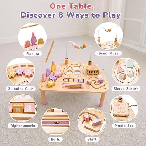 Vanplay Activity Table for 1 Year Old Girls Gifts, Montessori Busy Board Toys for Toddler 1-3, 8 in 1 Wooden Sensory Learning Activities Game for 1 2 3 Year Old Baby Girl Christmas Birthday Gifts thumbnail 3