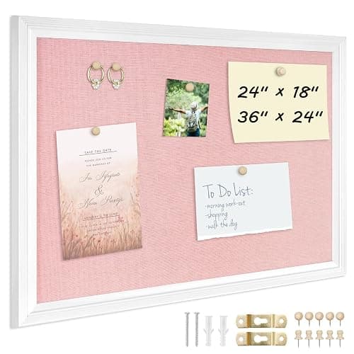 DOLLAR BOSS Bulletin Boards with Linen, 24"x18" Pink Cork Board, White | Corkboards for Walls, Framed Pin Board, Picture Display Vision Board, For Office Home School Girls Dorm Decor, 10 Pushpins - Image 1