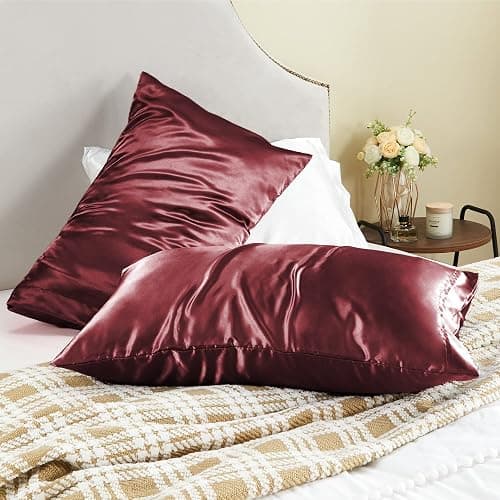 BEDELITE Satin Pillowcase for Hair and Skin, Super Soft and Cooling Similar to Silk Pillow Cases 2 Pack with Envelope Closure, Gift for Women Men(20"x26" Standard Size, Burgundy) thumbnail 9
