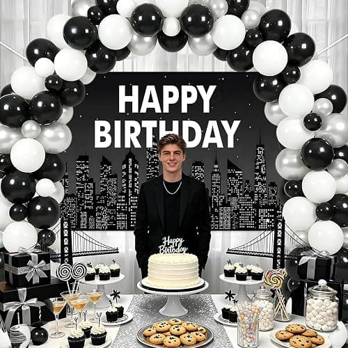 Cheerupp Black NYC Skyline Theme Happy Birthday Decorations Set | New York City Themed, NYC Skyscraper Design, Vinyl Backdrop, DIY Balloon Garland Kit, for Bday Party Decor thumbnail 3