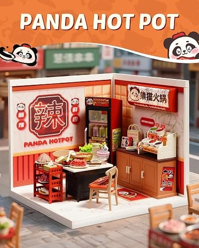 Rolife Super Creator Series, DIY Mini Panda Hot Pot Dollhouse House Kit, Bulid Scenary for Action Collectible Figures, Creative Gifts for Women Adults thumbnail 4