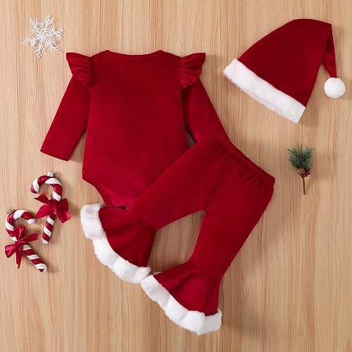 LYSINK Infant Baby Girl Christmas Jumpsuit Outfits Letter Print Long Sleeve Romper + Flare Pants + Hat Toddler Clothes thumbnail 2