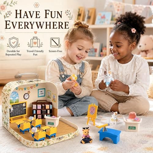 Dollhouse Classroom Furniture Suitcase Set for Kids, 3 Flexible Dolls/Blackboard/Desk/Chair/Podium/Bookshelf/Teaching aid, Pretend Play Dollhouse Accessories Christmas Birthday Gift for Girl Ages 3+ thumbnail 7