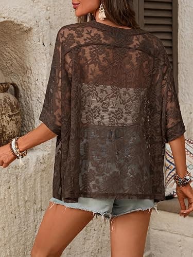 SOLY HUX Women's Floral Mesh Tops Short Sleeve Crew Neck See Through T Shirts Vacation Festival Outfit thumbnail 2