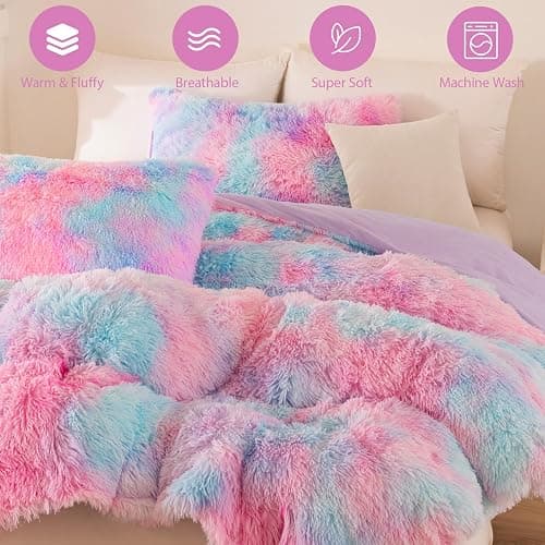 BYHOFMLY Pink Purple Fluffy Bedding Set Twin Size 3 Pieces Faux Fur Furry Comforter Set for Girls Tie Dye Rainbow Warm Fuzzy Kids Bed Comforter (Pink Purple, Twin) thumbnail 5