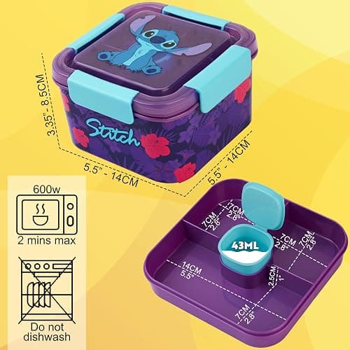 Disney Stitch Salad Container Bento Box for Kids, 70 Oz Portable Lunch Box, Leak Proof, BPA Free Multi Compartment Salad Bowl with Dressing Pot, Food Storage, Gifts For Girls (Multi Stitch) thumbnail 6