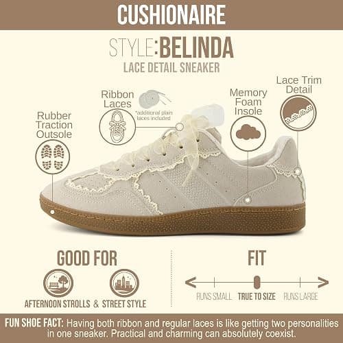 CUSHIONAIRE Belinda Women’s Lace Detail Casual Sneakers – Elegant Ribbon Lace-Up Shoes with Memory Foam thumbnail 4