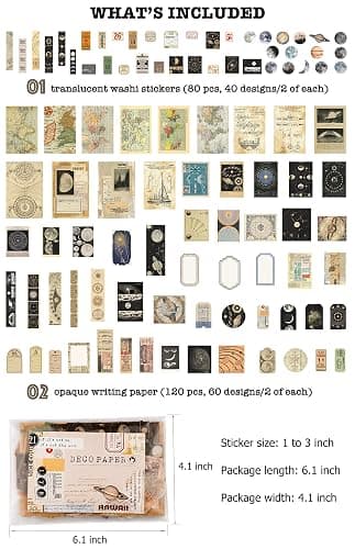 Knaid Vintage Scrapbook Supplies Pack (200 Pieces) for Witchy Junk Journal Bullet Journals Planners Space Moon Paper Stickers Craft Kits Collage (Celestial) thumbnail 2