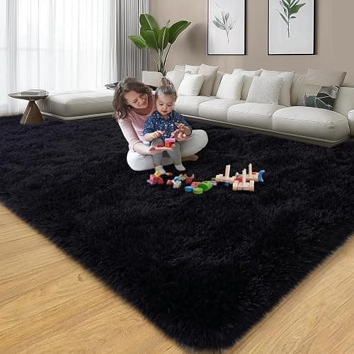 qulint Black Rugs for Living Room, Large Fluffy 6x9 Area Rugs for Bedroom, Soft Shag Shaggy Fuzzy Carpets for Boys and Girls Dorm Room Home Decor (6ft x 9ft, Black) thumbnail 7