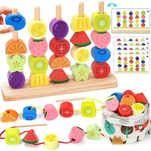 Montessori Wooden Beads Stacking Toys: 2 3 4 Year Old Boys Girls Birthday Gifts - Toddler Sequence Game & Sorting Blocks & Lacing & Matching Shape - Preschool Learning Activities for 2-5 Years Kids - Image 1