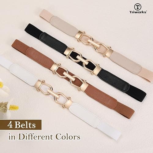 4 Pack Women Skinny Elastic Belts Gold Buckle Thin Stretchy Waist Belts for Dresses thumbnail 4