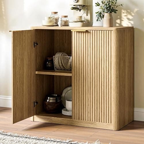 Evermagin 31.5" Oak Buffet Cabinet with Storage, Small Sideboard Cabinet, Boho Accent Credenza, Fluted Console Table with Doors for Dining Room, Kitchen, and Living Room thumbnail 5